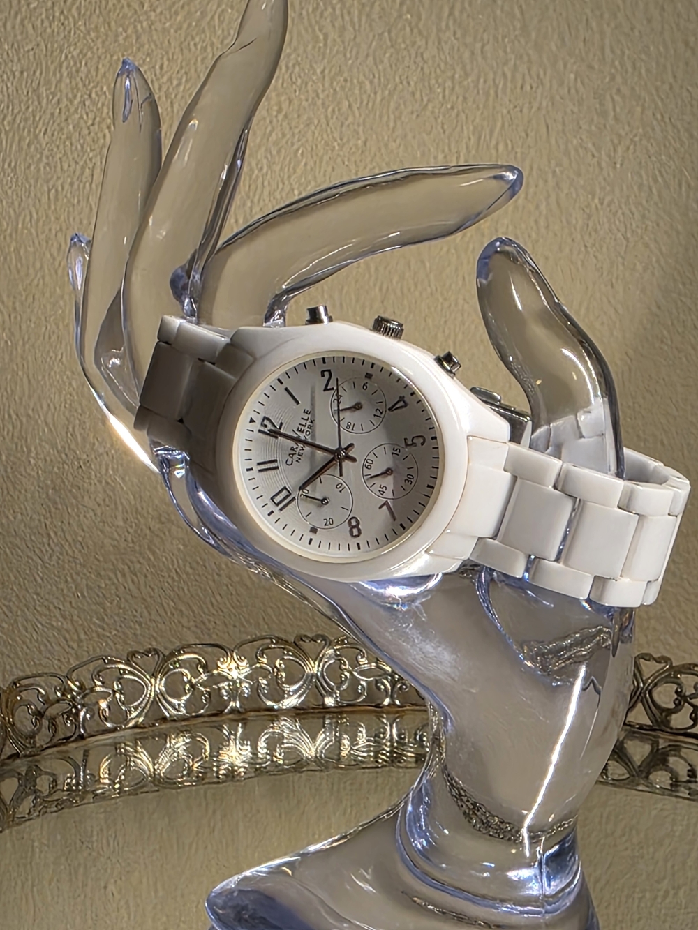 Caravelle New York Chronograph Quartz White Ceramic Wristwatch Analog Unisex 7"